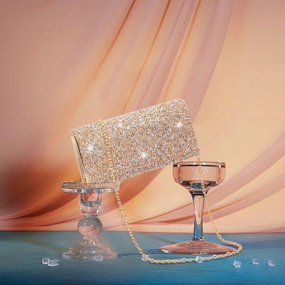 Women's Rhinestone Evening Handbag Clutch Rose Gold Envelope Crossbody - Picture 7 of 7